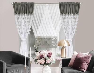 Piękny komplet zasłon z ozdobnymi panelami Rozmiar: + Zasłona:              145x160cm x 2 sztuki + Rozmiar talerza:  120x130cm x 1 panel