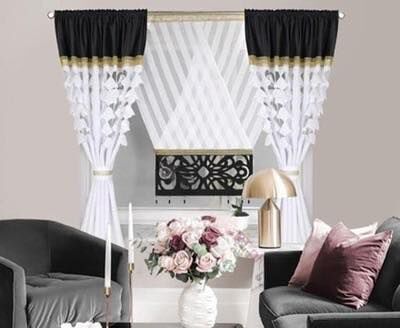 Piękny komplet zasłon z ozdobnymi panelami Rozmiar: + Zasłona:              145x160cm x 2 sztuki + Rozmiar talerza:  120x130cm x 1 panel